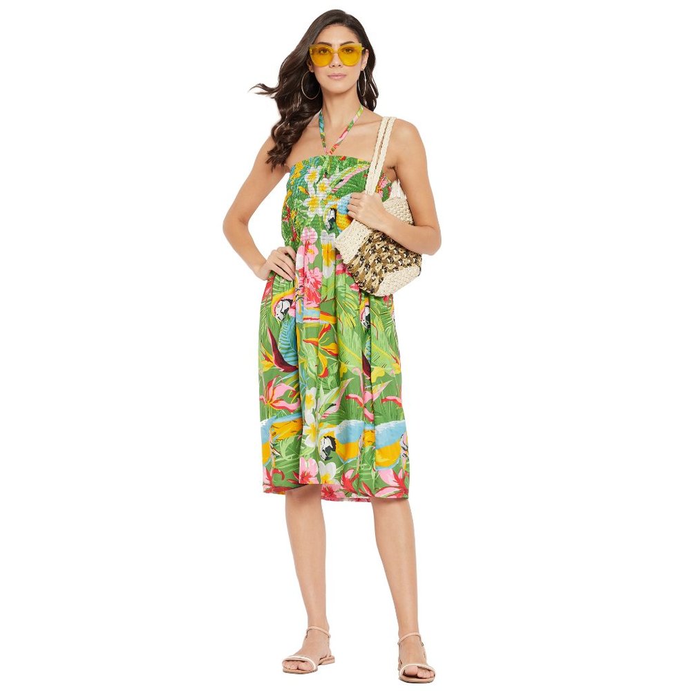 Women Floral Print Green Polyester Short Tube Dress